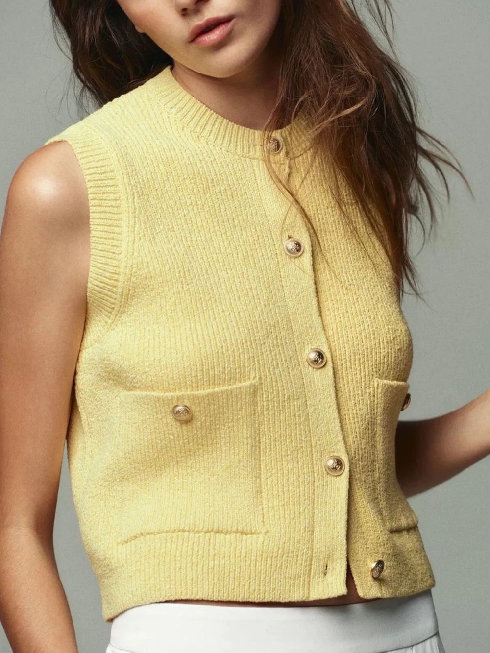 Zara Pale Yellow Sleeveless Knit Cardigan Vest